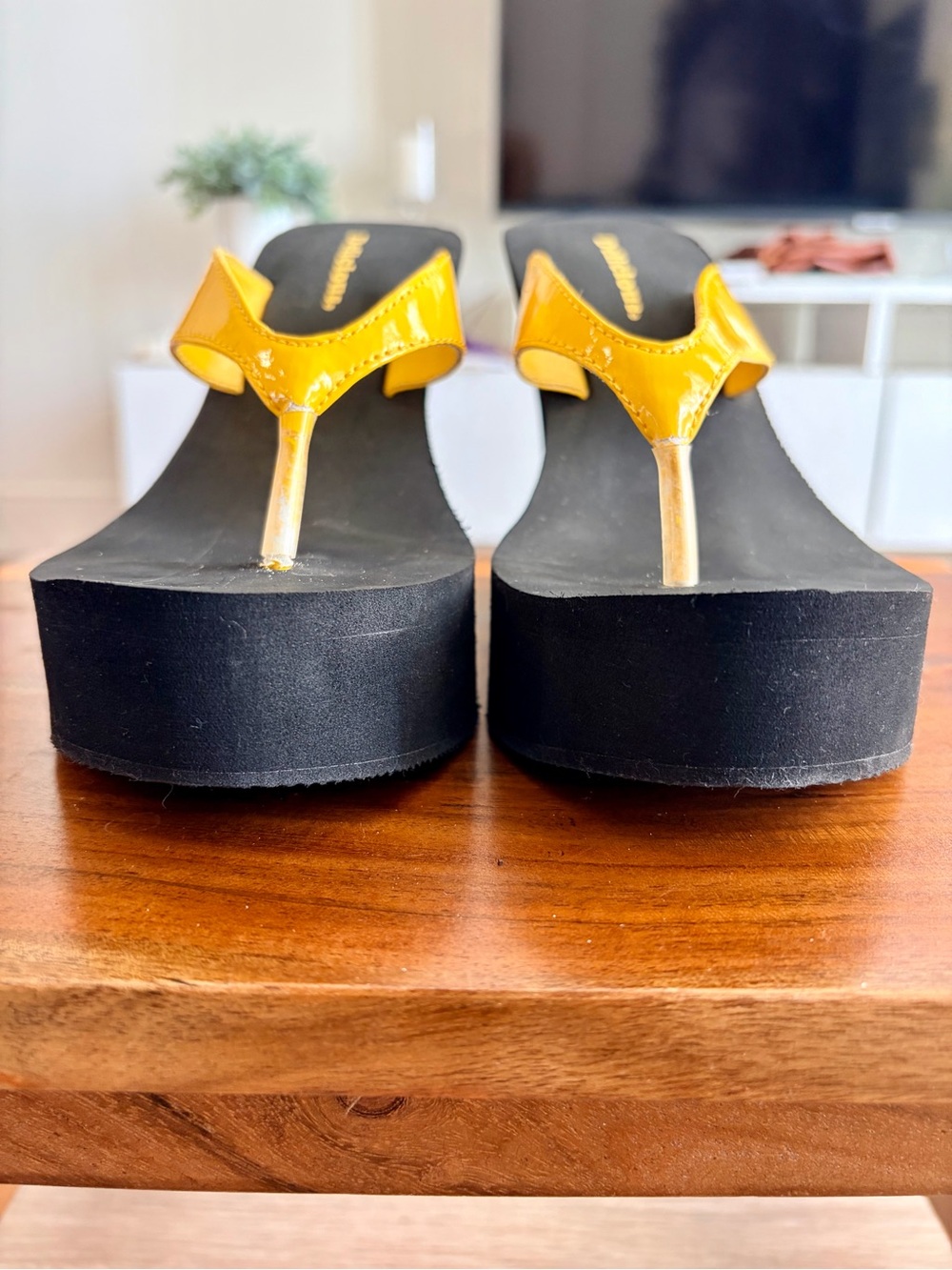 Delicious Yellow and Black Wedge Thong Sandals - Picture 3 of 6
